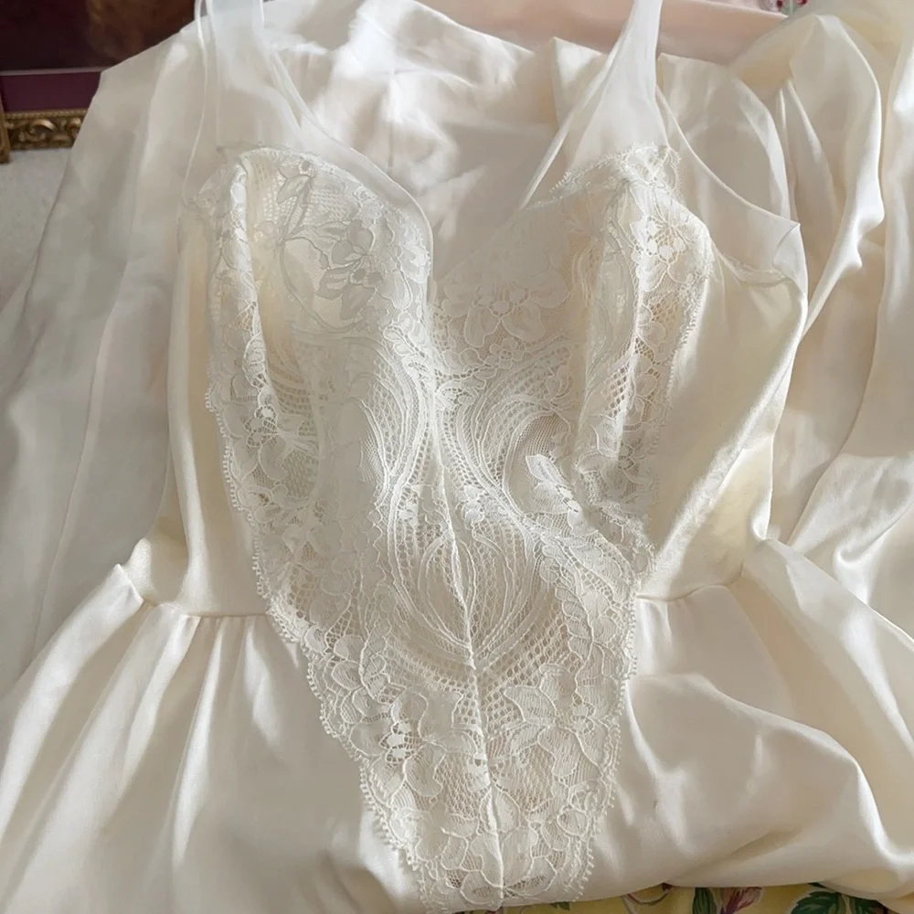 Vintage 1970s Olga Cream Lace Midi Slip Gown Full Sweep Size M